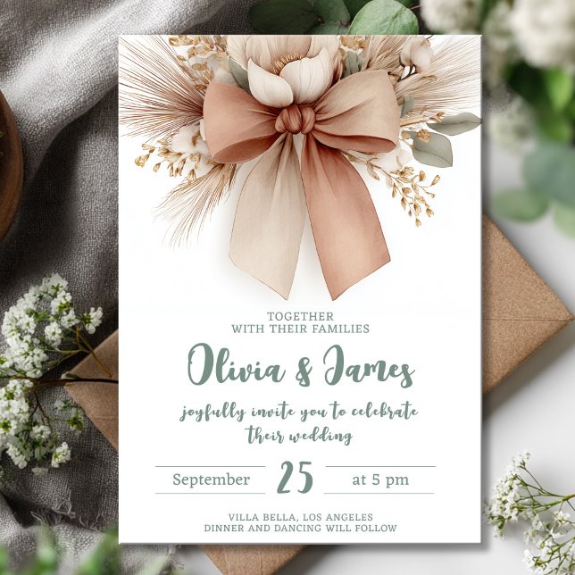 Boho Floral Bow Wedding Invitation (Creator Uploaded)