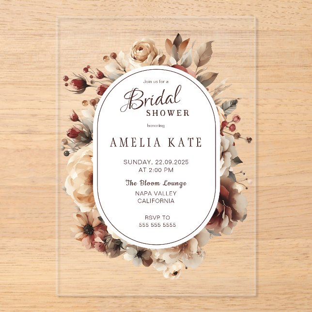Boho Floral Bridal Shower Acrylic Invitation (Front)