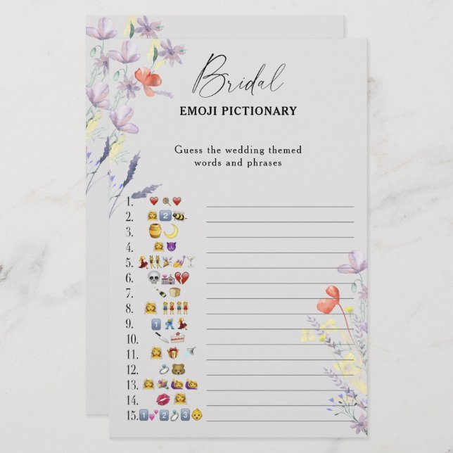 Boho floral bridal shower emoji pictionary game (Front/Back)
