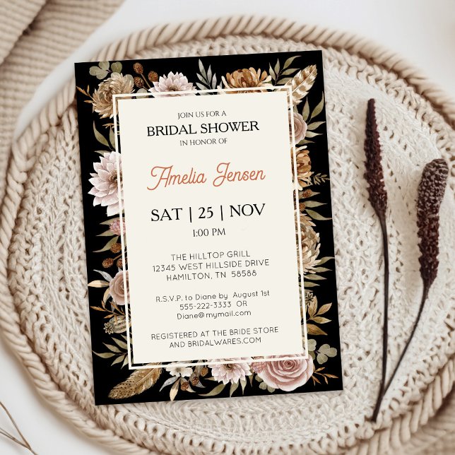 Boho Floral Bridal Shower Invitation (Front of Boho Floral Black Boho Bridal Shower Invitation)