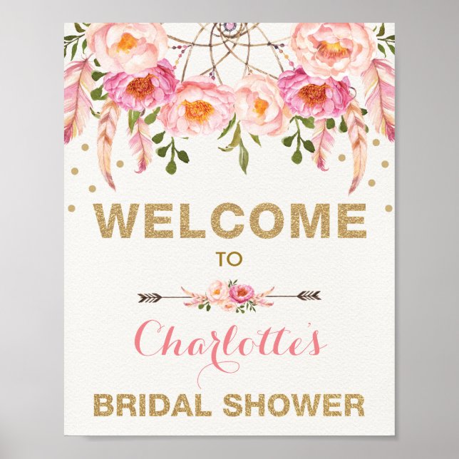 Boho Floral Bridal Shower Pink Gold Dreamcatcher Poster (Front)