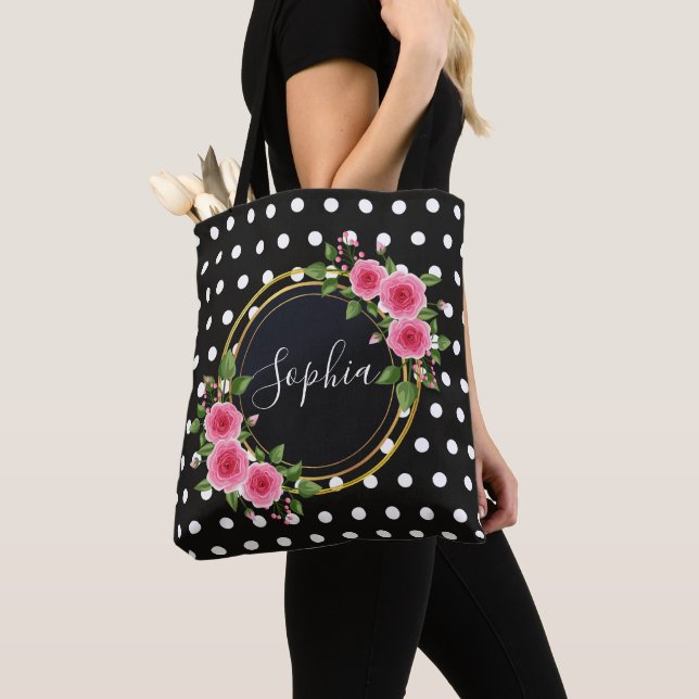 Boho floral Bridesmaid Personalised Black Tote Bag (Close Up)