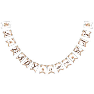 Boho Floral Brown Letters on White Baby Shower Bunting