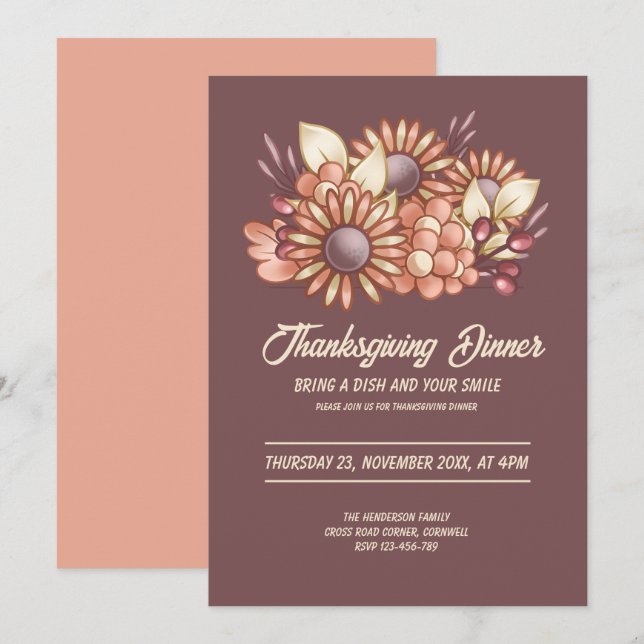 Boho floral Brown Thanksgiving Dinner Invitation (Front/Back)