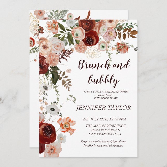 Boho Floral Brunch and bubbly bridal shower Invitation (Front/Back)