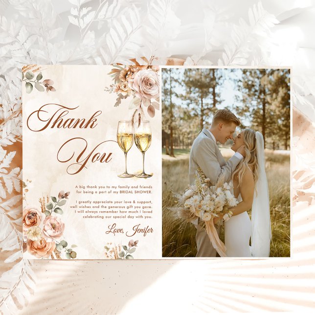 Boho Floral Brunch and Bubbly Bridal Shower Photo Thank You Card (Creator Uploaded)