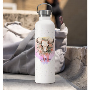 Boho Floral Bull Cow Skull Monogram Pretty Western Water Bottle