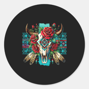 Boho floral bull skull roses aztec cowgirl western classic round sticker