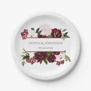 Boho Floral Burgundy and Blush Elegant Wedding Paper Plate