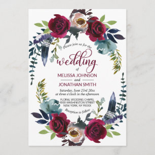 Boho Floral Burgundy Merlot Navy Blue Wedding Invitation