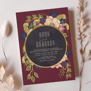 Boho Floral Burgundy Navy Blue Wedding Invitation