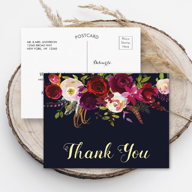 Boho Floral Burgundy Navy Fall Wedding Thank You Postcard (Front & Back)