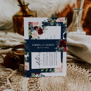 Boho Floral Burgundy Navy Invitation Belly Band