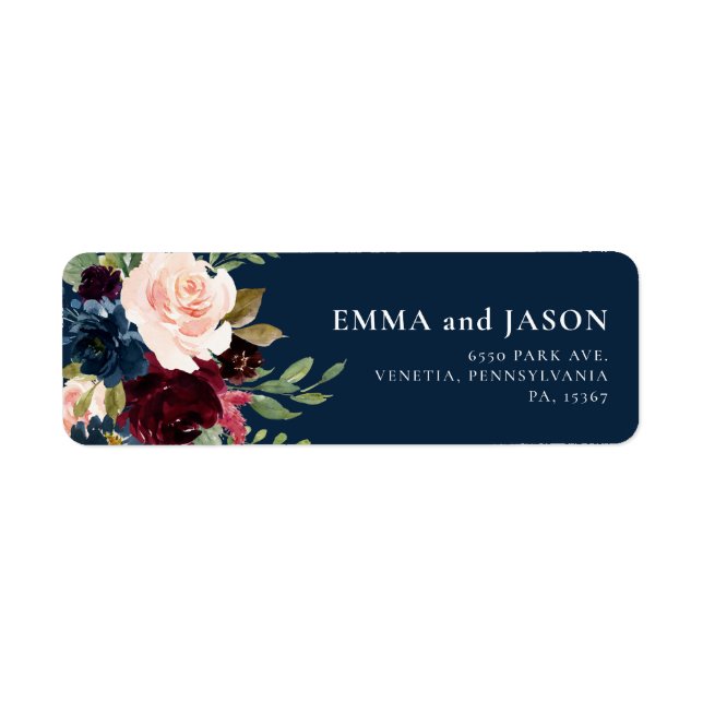 Boho Floral Burgundy Navy Return Address Label (Front)