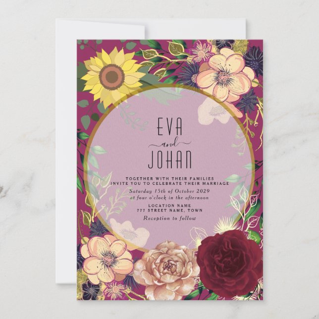 Boho Floral Burgundy Pink Wedding Invite (Front)