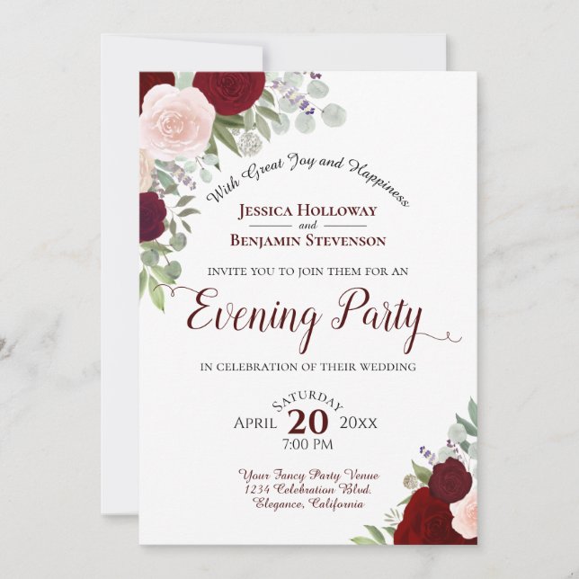 Boho Floral Burgundy Red & Pink Evening Party Invitation (Front)
