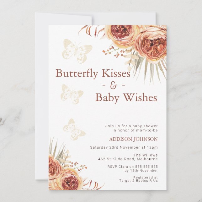 Boho Floral Burnt Orange Butterfly Baby Shower Invitation (Front)