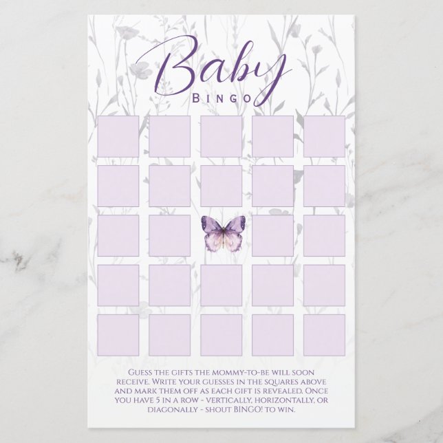  Boho Floral Butterfly Baby Shower Bingo Game Card (Front)