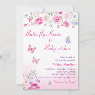 Boho Floral Butterfly Kisses girl Baby Shower  Invitation