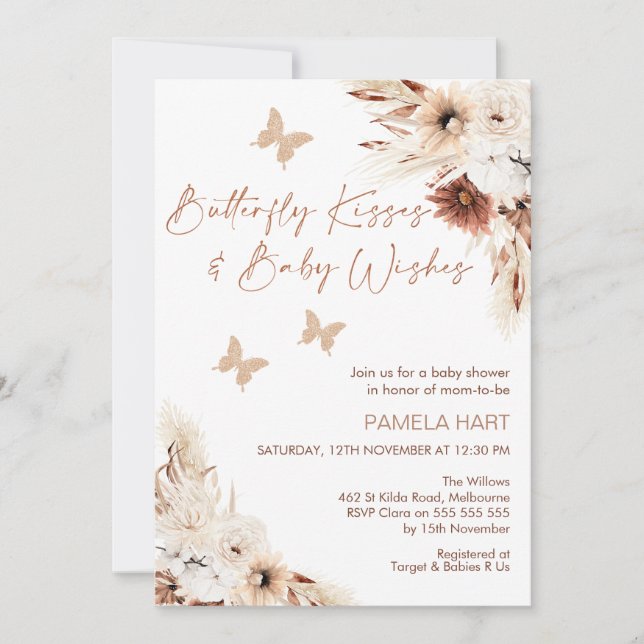 Boho Floral Butterly Kisses Baby Shower Invitation (Front)