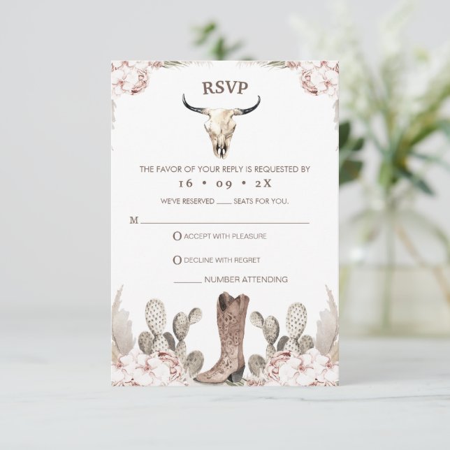 Boho Floral Cactus Rodeo 21st Birthday RSVP Card (Standing Front)