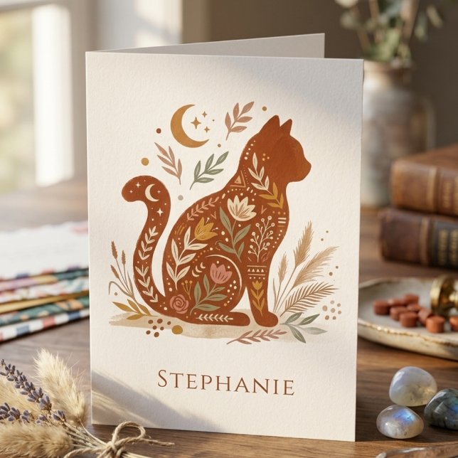 Boho Floral Celestial Cat Graphic Thank You Card (Boho floral cat silhouette card — unique holiday gift idea for the cat mom or animal lover)
