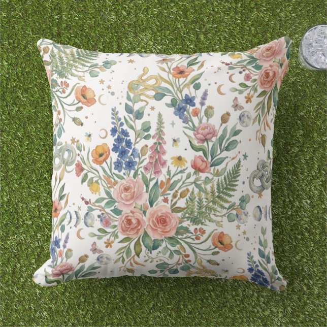 Boho Floral Celestial Moon  & Snakes Botanical Cushion (Grass)