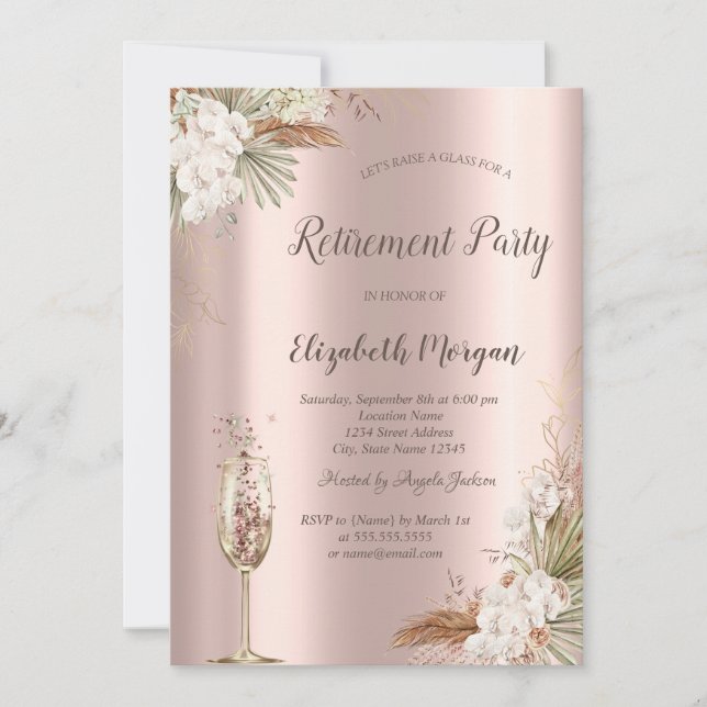 Boho Floral,Champagne Glass,Rose Gold Retirement Invitation (Front)