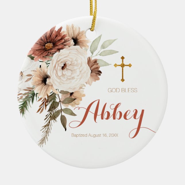Boho Floral Christmas Baptism Ornament God Bless (Front)