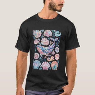 Boho Floral Coastal Marine Life Nautical Blue Whal T-Shirt