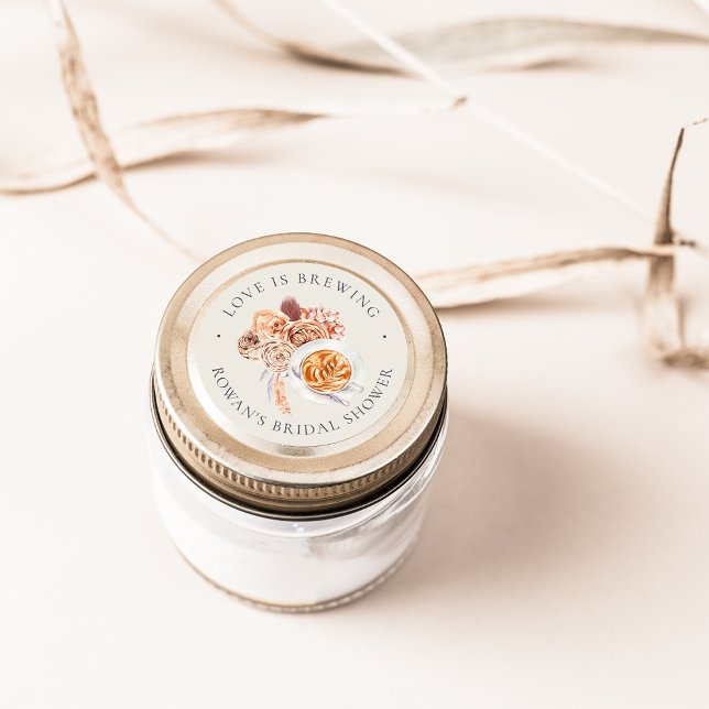 Boho Floral Coffee "Love is Brewing" Bridal Shower Classic Round Sticker (Creator Uploaded)