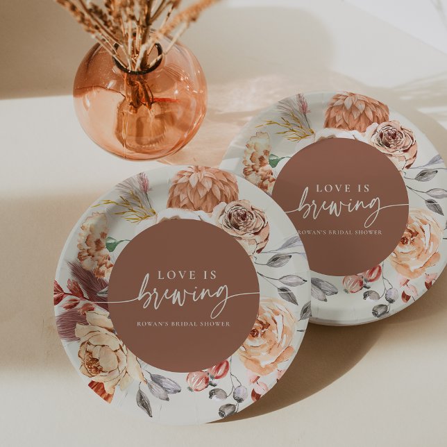 Boho Floral Coffee "Love is Brewing" Bridal Shower Paper Plate (Creator Uploaded)
