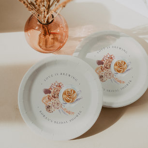 Boho Floral Coffee "Love is Brewing" Bridal Shower Paper Plate
