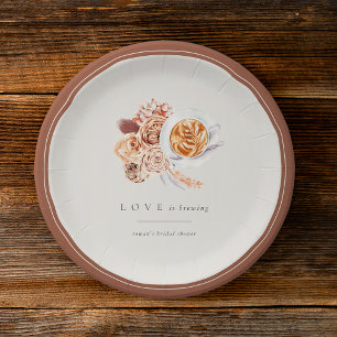 Boho Floral Coffee "Love is Brewing" Bridal Shower Paper Plate