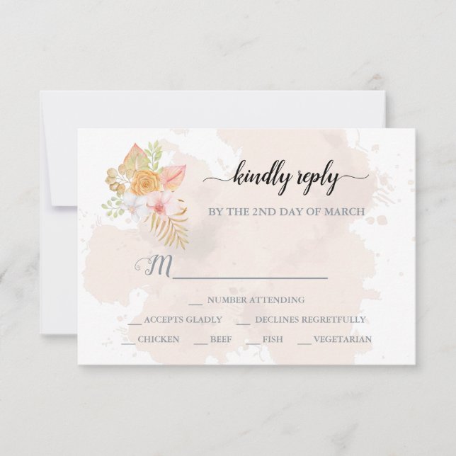 Boho Floral Coral Pink Minimalist Wedding RSVP Card (Front)