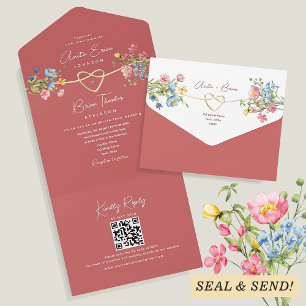 Boho Floral Coral Wedding All In One Invitation