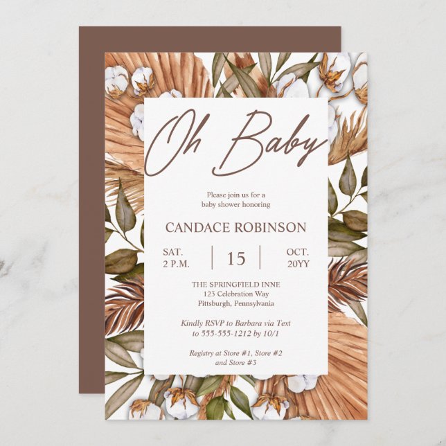 Boho Floral Cotton | Dried Grasses Baby Shower Invitation (Front/Back)