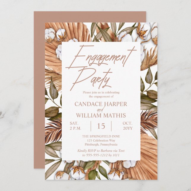 Boho Floral Cotton |Dried Grasses Engagement Party Invitation (Front/Back)