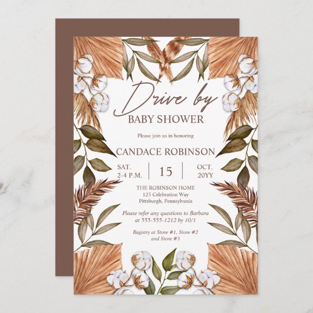 Boho Floral Cotton | Grasses Drive by Baby Shower  Invitation (Front/Back)