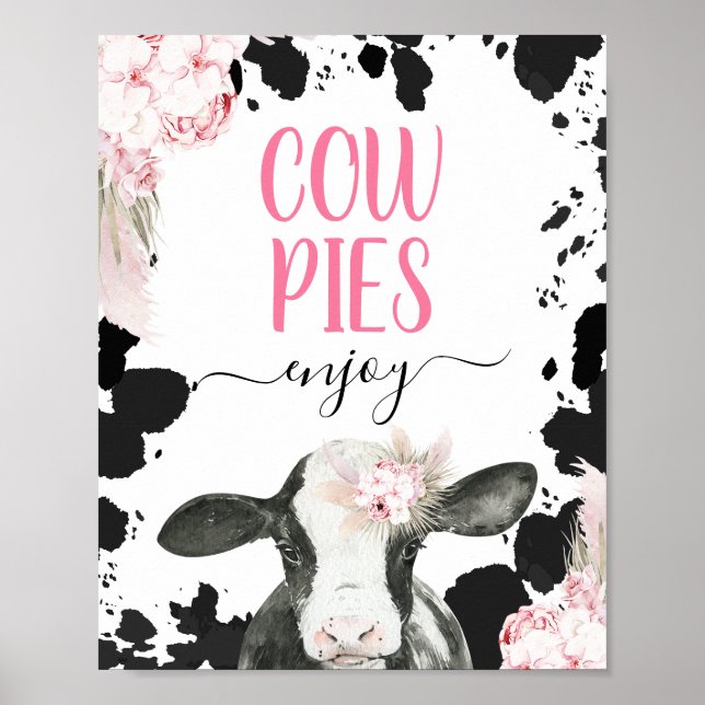 Boho Floral Cow Cow Print Birthday Food Sign (Front)