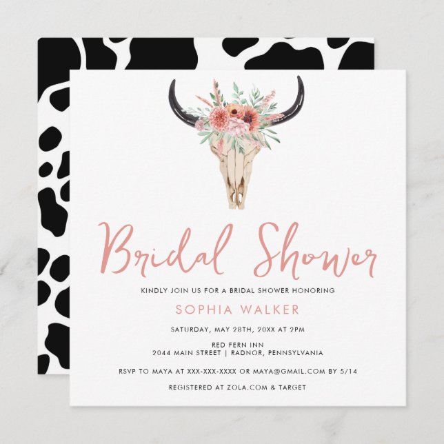Boho Floral Cow Print Western Bridal Shower  Invitation (Front/Back)
