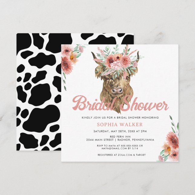 Boho Floral Cow Print Western Bridal Shower  Invitation (Front/Back)