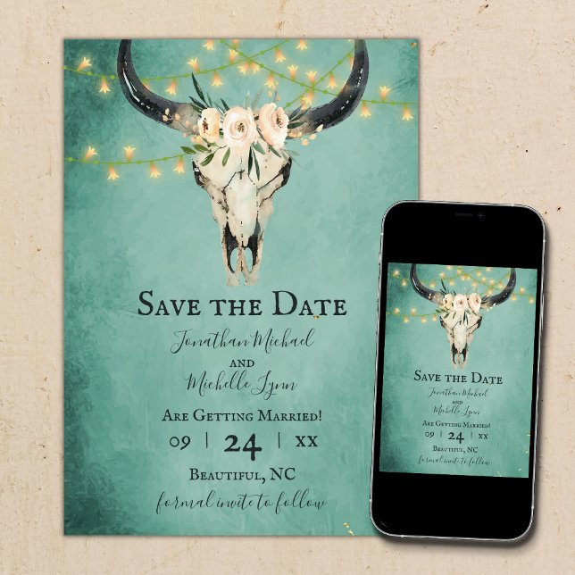 Boho Floral Cow Skull and Lights Turquoise Wedding Save The Date (Creator Uploaded)