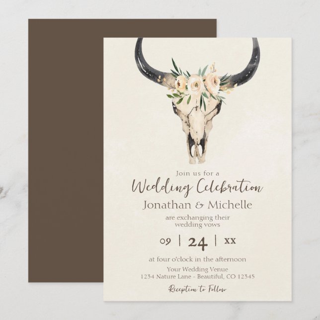 Boho Floral Cow Skull Brown and Cream Wedding Invitation (Front/Back)