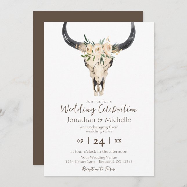 Boho Floral Cow Skull Brown and White Wedding Invitation (Front/Back)