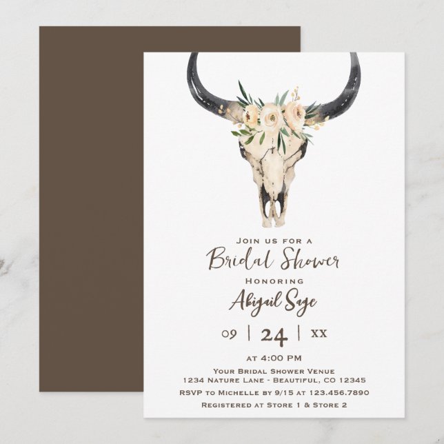 Boho Floral Cow Skull Brown White Bridal Shower Invitation (Front/Back)