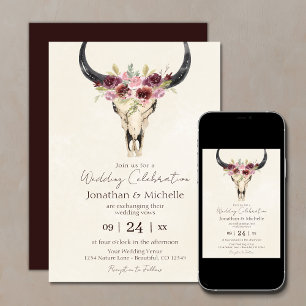 Boho Floral Cow Skull Burgundy and Cream Wedding Invitation