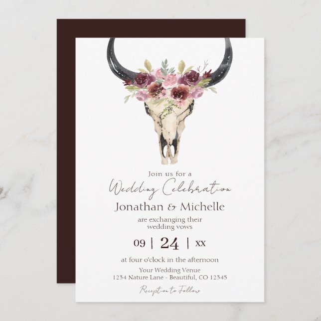 Boho Floral Cow Skull Burgundy and White Wedding Invitation (Front/Back)