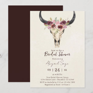 Boho Floral Cow Skull Burgundy Cream Bridal Shower Invitation