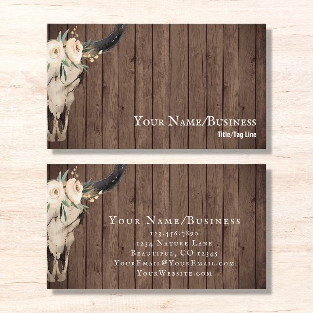 Boho Floral Cow Skull on Barnwood Background Business Card (Creator Uploaded)